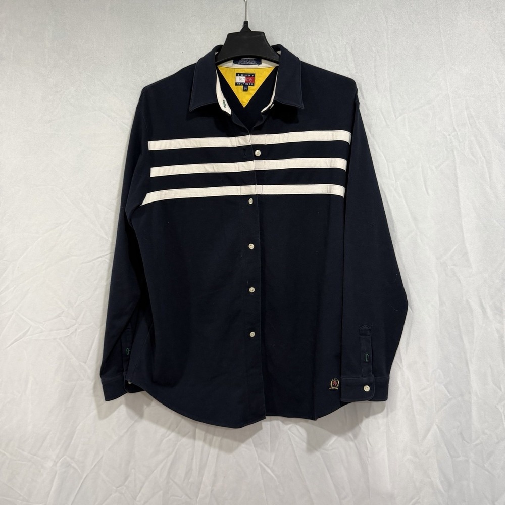 tommy hilfiger women's Navy Blue Button‎ Down Long Sleeve Rugby Striped Shirt 14